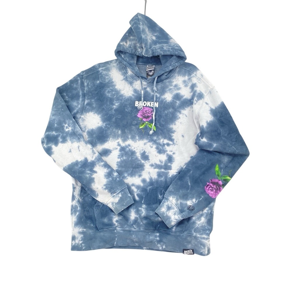 Broken Promises Hoodie Medium Gray Tie Dye Graphic Print Floral Fleece Lined